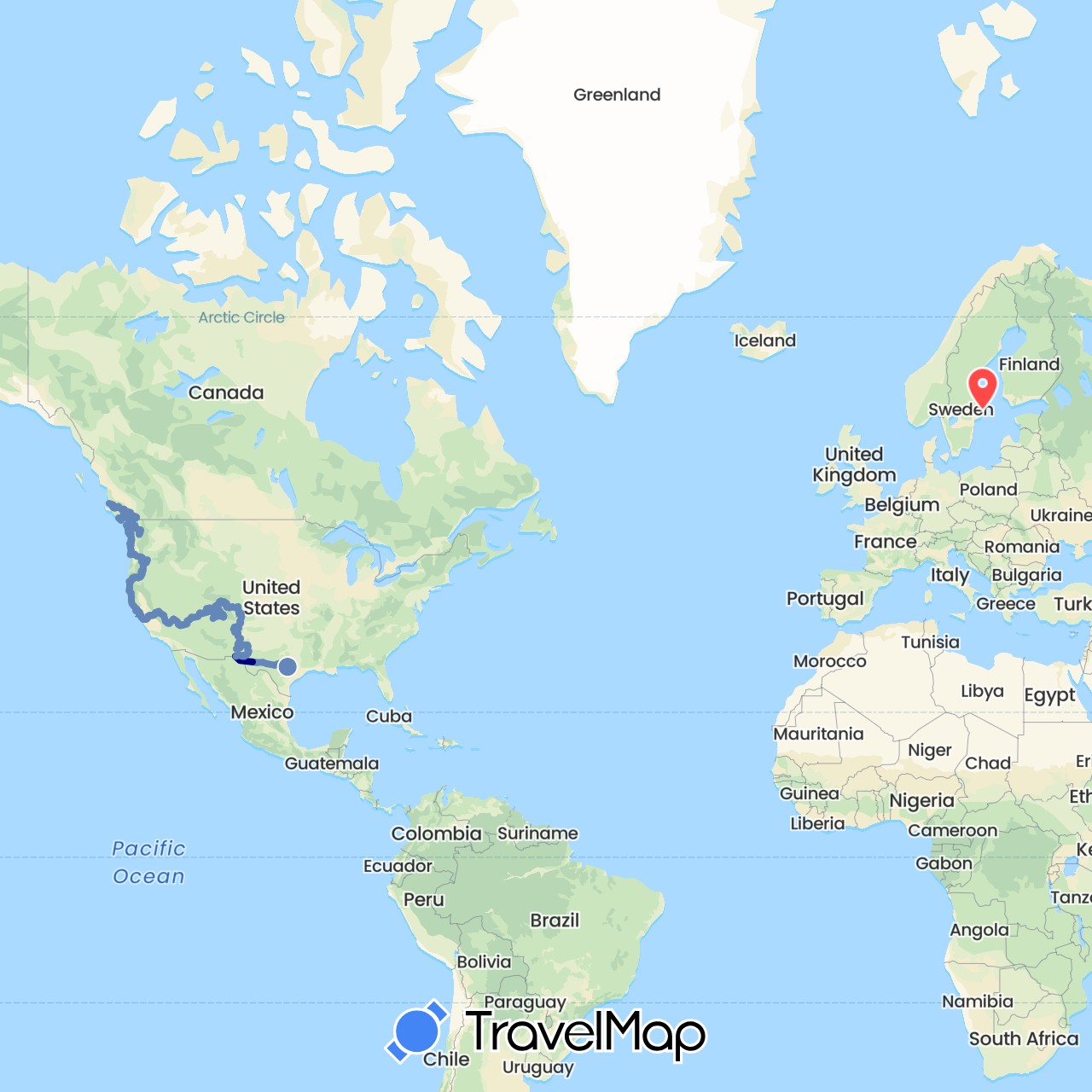 TravelMap itinerary: driving, cycling, hiking in Canada, Sweden, United States (Europe, North America)